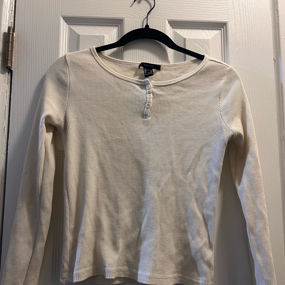 Forever 21 Ivory Ribbed Henley Long Sleeve Top